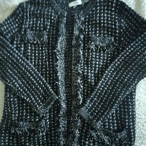 Calvin Klein Black and white pattern cardigan with fringe Small
